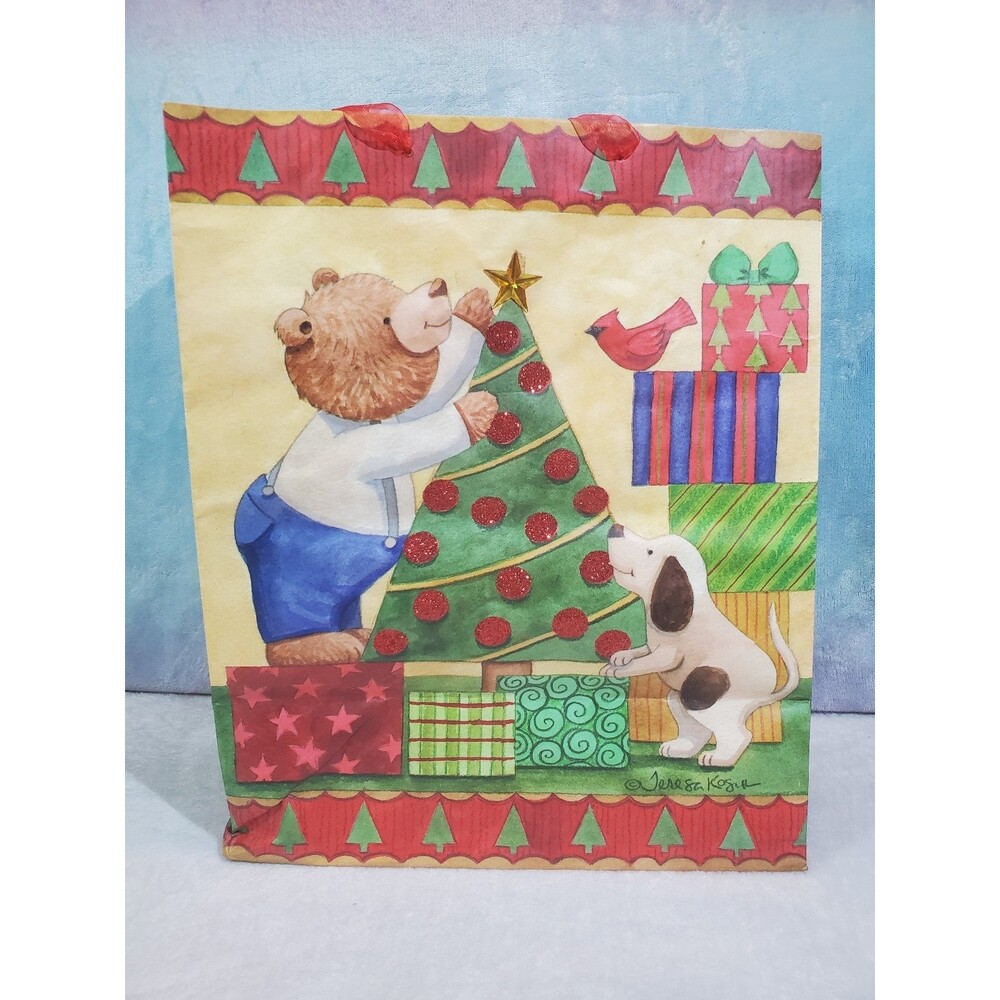 Christmas Tree Shops Bear Dog Christmas Tree Gift Bag 12" x 7" x 15"